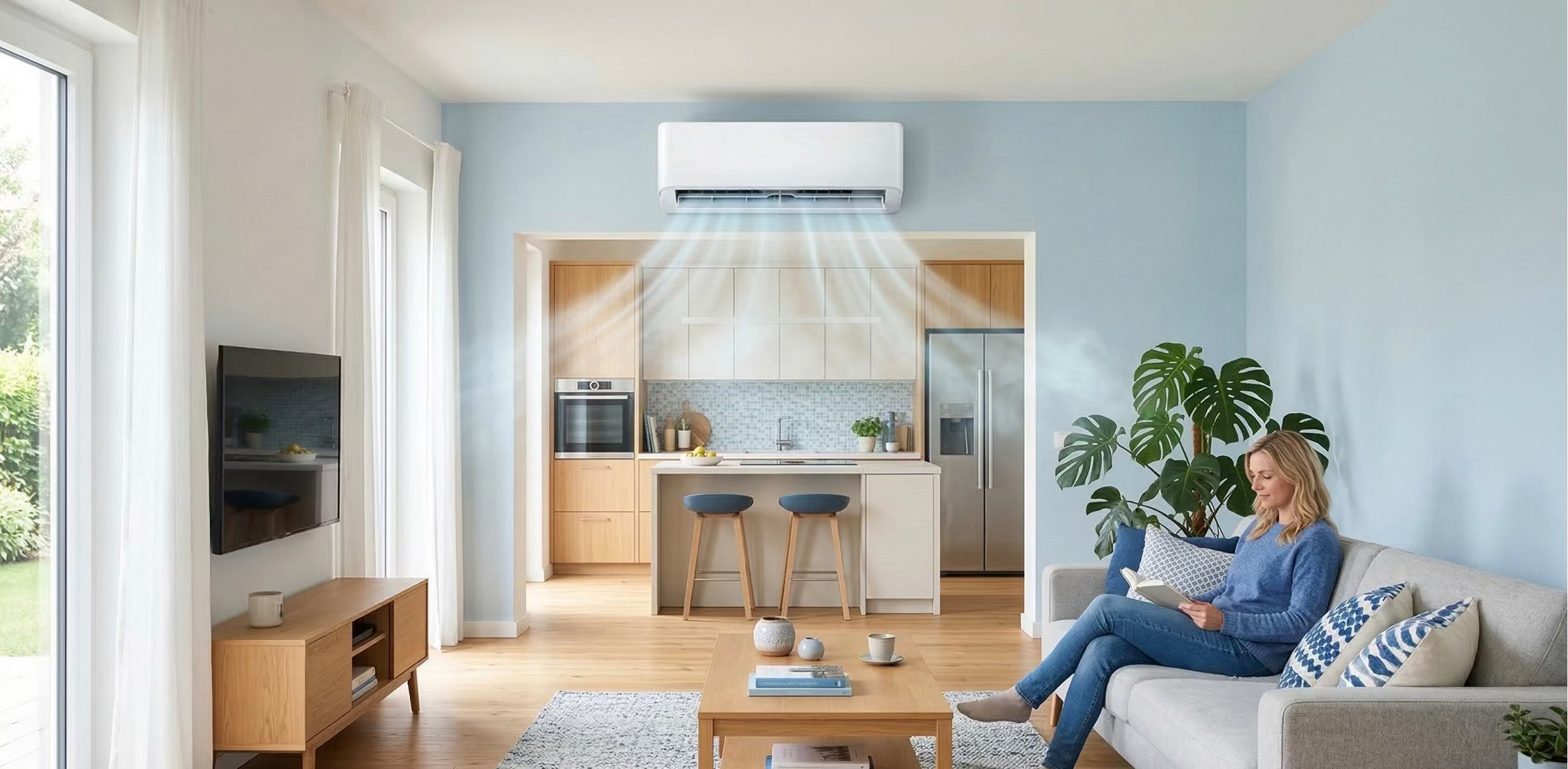 Wandmontierte Klimaanlage in Betrieb in einem modernen Wohnbereich. Die sanfte Luftverteilung sorgt für Komfort, während eine Frau auf dem Sofa liest.