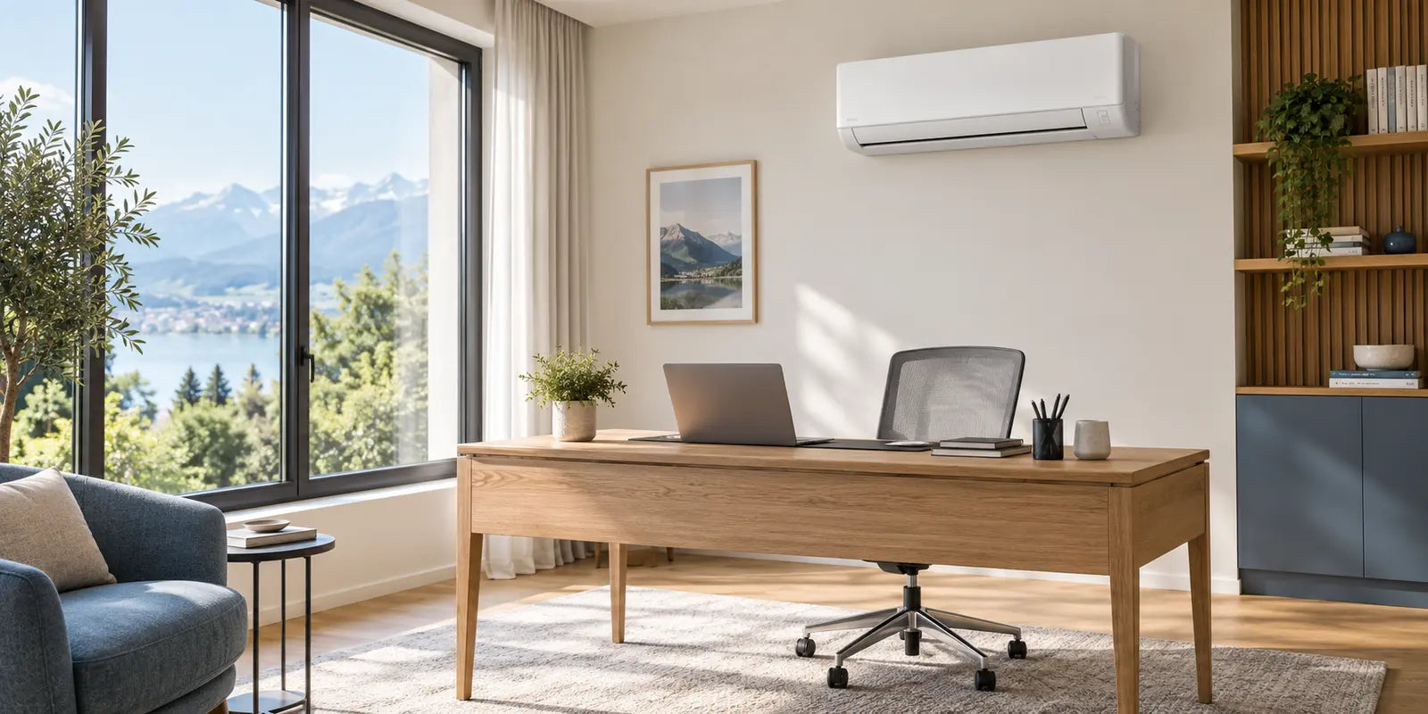 Beispielvisualisierung eines hellen Home-Office mit Klimaanlage